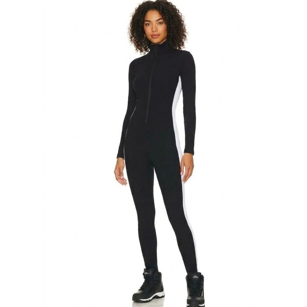 Year Of Ours Thermal Ski Jumpsuit Women S Black White Striped Zip Front Bodysuit